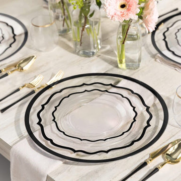 Clear With Black Rim Scalloped Plate Set | 32 Pack