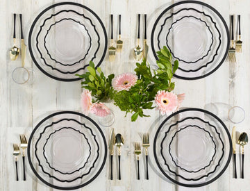 Clear With Black Rim Scalloped Plate Set | 32 Pack