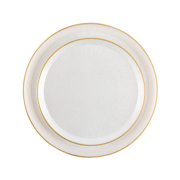 Pebbled Edge Round Pearl And Gold Plastic Plates Set | 24 Pack