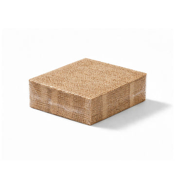 A square burlap or jute-wrapped box or block in a natural tan color, photographed on a clean white background with a soft shadow.