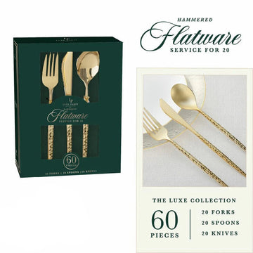 Hammered Gold Plastic Cutlery Set | 60 Pieces