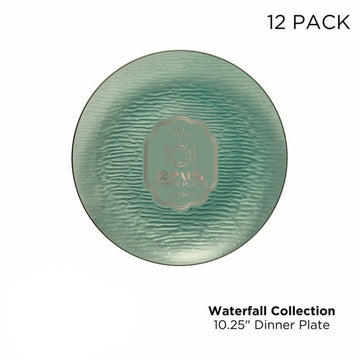 10.25" Waterfall Transparent Sage and Gold Dinner Plastic Plates | 12 Plates