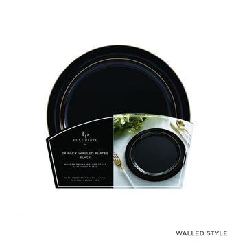 Round Walled Black and Gold Plastic Plates Set | 32 Pack