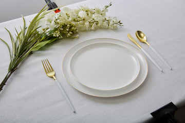 Round Walled White and Gold Plastic Plates Set | 32 Pack