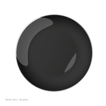 Round Accent Plastic Plates 10.25" Dinner Plates Black • Silver Round Plastic Plates | 10 Pack