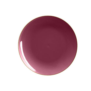 Round Cranberry Red and Gold Plastic Plates | 10 Pack