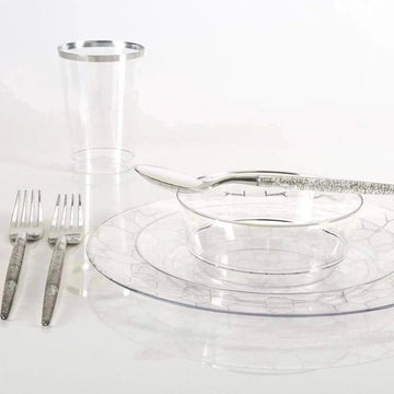 Clear and Silver Round Plastic Plates | 10 Pack