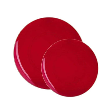 Red and Gold Round Plastic Plates | 10 Pack