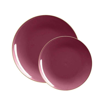Round Cranberry Red and Gold Plastic Plates | 10 Pack