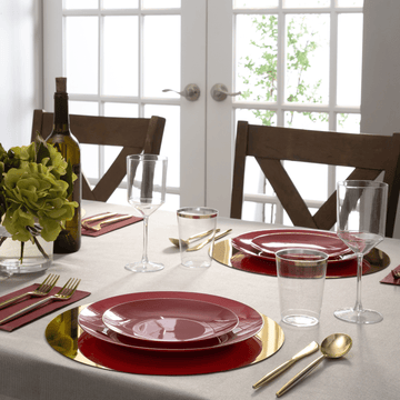 Round Cranberry Red and Gold Plastic Plates | 10 Pack