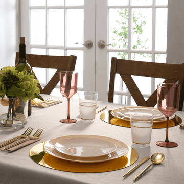 Round Linen and Gold Plastic Plates | 10 Pack