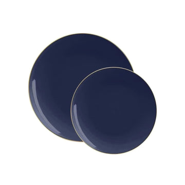 Round Navy Blue and Gold Plastic Plates | 10 Pack