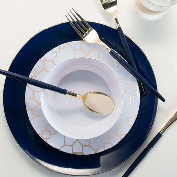 Round Navy Blue and Gold Plastic Plates | 10 Pack