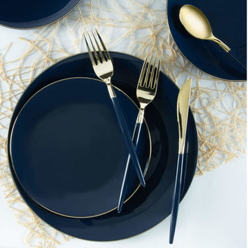 Round Navy Blue and Gold Plastic Plates | 10 Pack