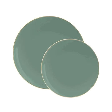 Round Sage Green and Gold Plastic Plates | 10 Pack