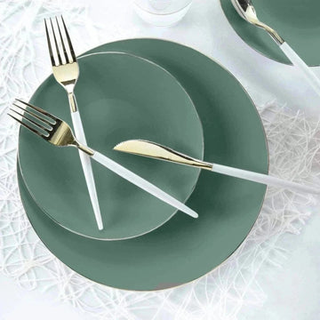 Round Sage Green and Gold Plastic Plates | 10 Pack