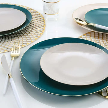 Round Teal Green and Gold Plastic Plates | 10 Pack 