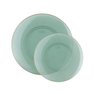 Round Transparent Green and Gold Plastic Plates | 10 Pack