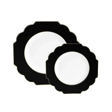 Scalloped Black • Gold Plastic Plates | 10 Pack
