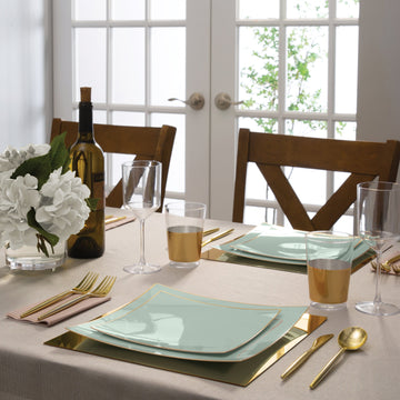 Square Mint Green and Gold Plastic Plates | 10 Plates